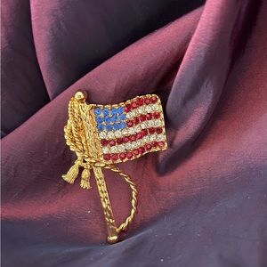 American Flag Brooch Gold Plate, Red, White, Blue Rhinestones